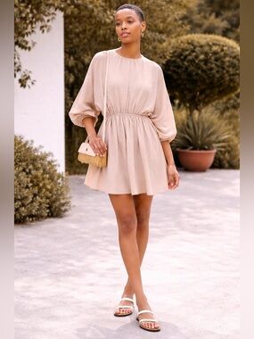 Loup Charmant Kitta Batwing-Sleeve Organic Cotton Mini Dress M Beige Boho